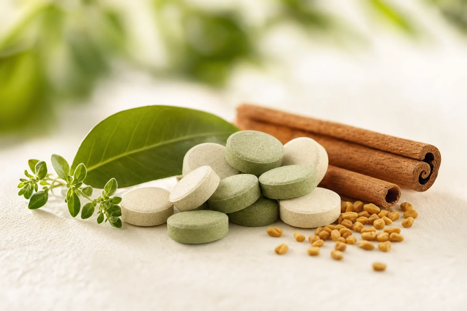 Comprimidos verdes de DiaCare con canela y orégano, fórmula natural para acompañar el control del azúcar en sangre